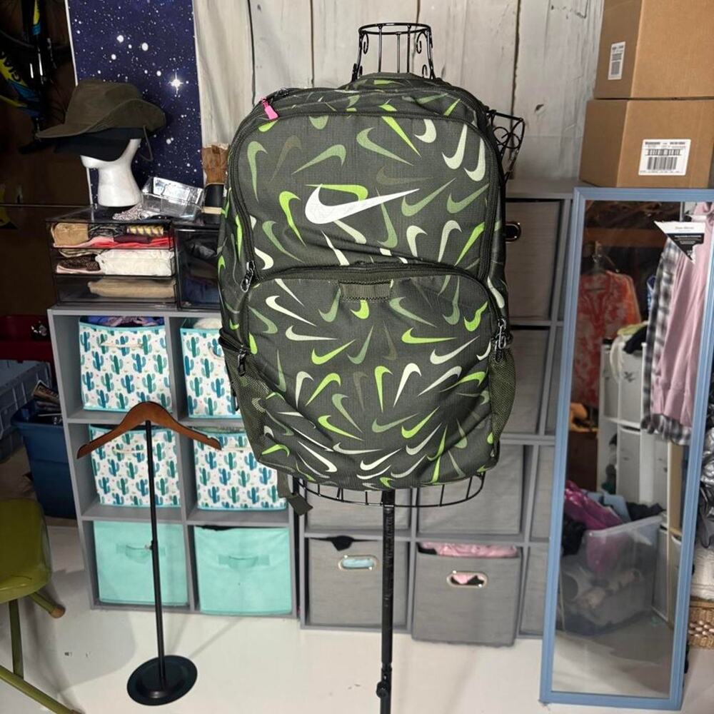 Nike Brasilia Overbranded Swoosh Print Backpack Olive School Gym